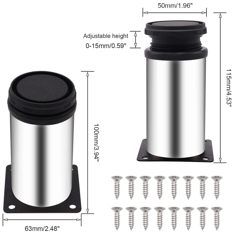 weideer 4-Pack 4Inch Stainless Steel Furniture Legs Cabinet Adjustable Round