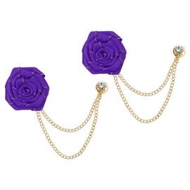 MECCANIXITY Bridegroom Brooches Rose Flower Size 1.77 inch Cloth Alloy Lapel Pin with Tassel Chain/Suit Stud/Gold Trim for Wedding Men' Suit Accessories 2 Count Deep Purple