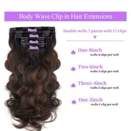 Sassina Clip in Hair Extensions Human Hair Body Wave Clip in Real Human Hair Extensions Two Tone Natural Black to Chocolate Brown Remy Soft Human Hair Extensions Full Head 7Pcs 120G 20 Inch
