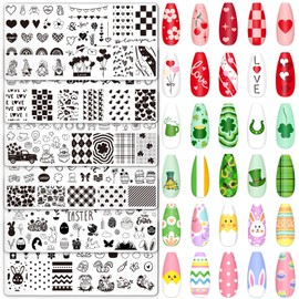 Whaline 6Pcs Valentine's Day St. Patrick's Day Easter Nail Plates Stamping Set Heart Shamrock Egg Stamp Templates Nail Art Plates for DIY Print Manicure Salon Design