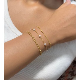 Aidenn 3 Pcs Gold Bracelet Stack for Women 14K Gold Plated Stacking Bracelets Pearl Beads Bracelet Adjustable Link Bracelet Set Waterproof Gold Jewellery