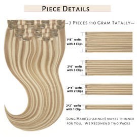 Caliee 22Inch Blonde Clip in Hair Extensions 7Pcs Invisible Seamless Human Hair Clip ins P8-60A Light Brown with Platinum Blonde Straight Natural Hair Remy Clip in Hair Extensions for Women 110G