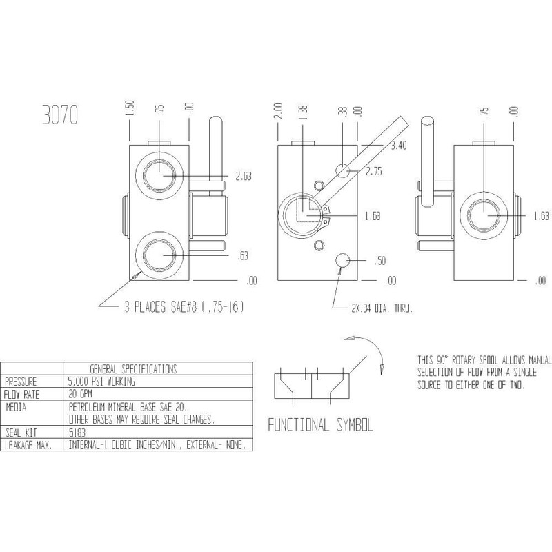 Hydraulic Rotary Selector Diverter Valve, 3 Way, 20 GPM, 5000
