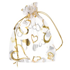 MECCANIXITY Organza Bag 4" x 6", Sheer Heart Mesh Bags Drawstring Gift Bags Bulk Party Favor Bag Jewelry Pouches for Wedding Candy Valentines (White-Gold, Pack of 50)