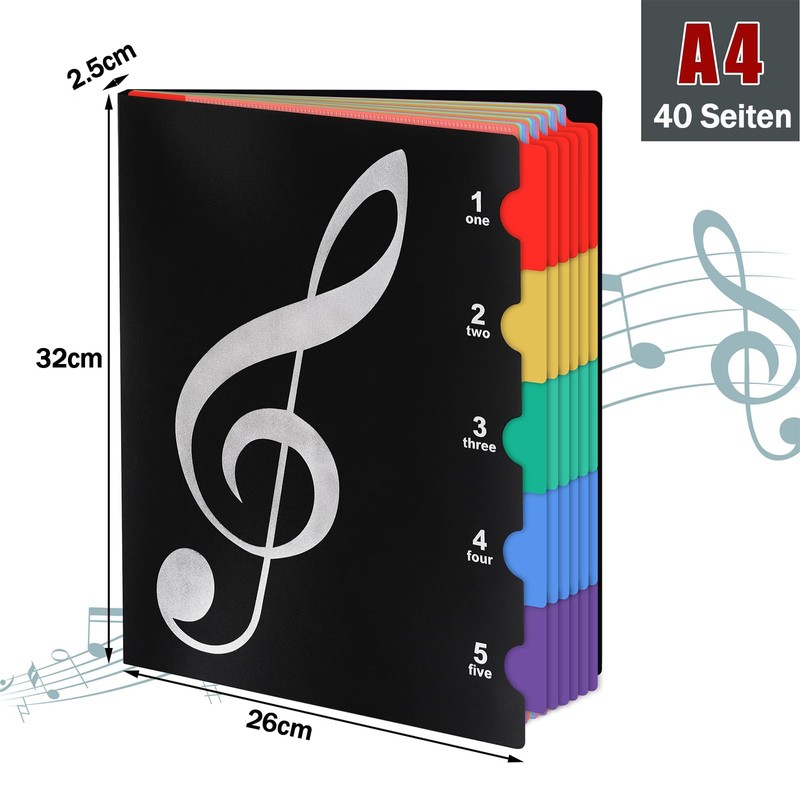 Music Folder for Sheet Music A4, Choir Folder, Black, 40