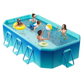 OTIIPOR Foldable Pool, Non-Inflatable Swimming Pool for Kids, Adults and Pets, 116" × 65" × 21" Large Portable Kids Pool with Sturdy Metal Bracket for Outdoor Backyard Garden - Blue