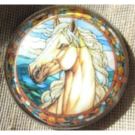 GLASS DOME PICTURE BUTTON BEAUTIFUL "STAINED GLASS" TAN HORSE W BLUE BKGND  30mm