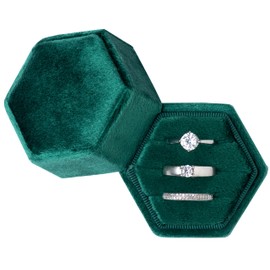 Giftop Equal Hexagon Velvet Ring Box Storage 3 Slots for Wedding Ceremony Proposal Engagement Birthday (Green)