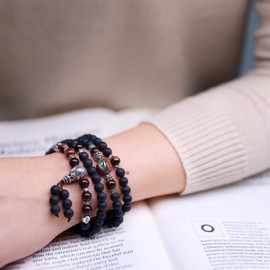 COAI Unisex 108 Gemstone Mala Necklace with Nepalese Beads Tibetan Wrap Bracelet, Gemstone, Onyx