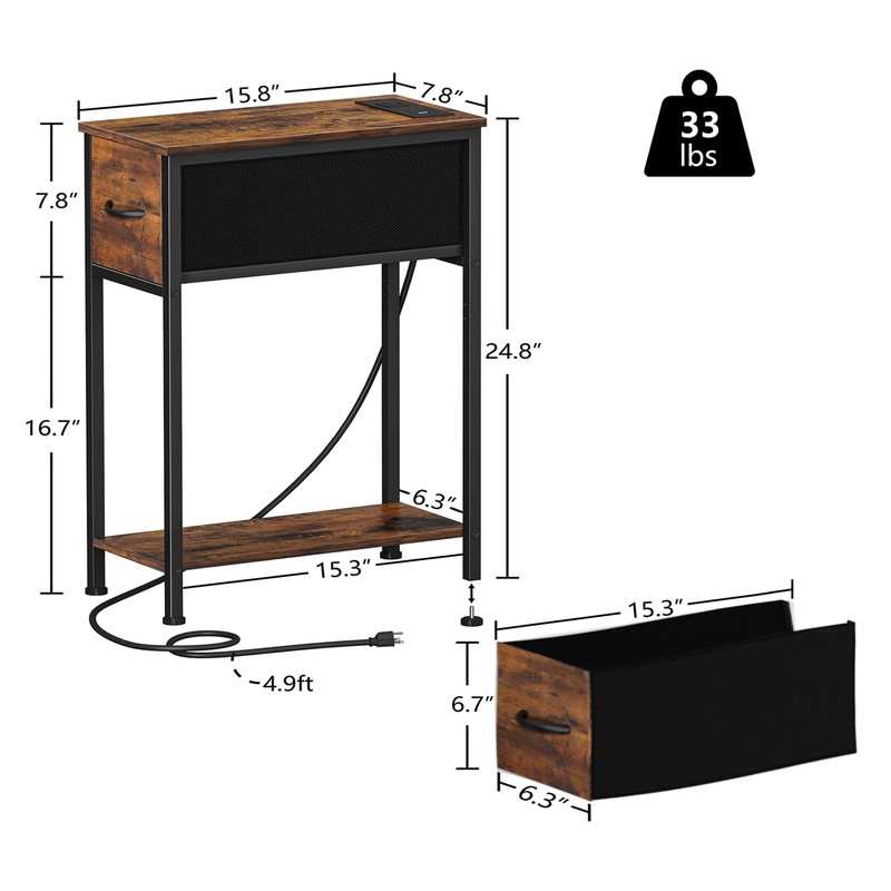 Vagusicc End Table Set of 2 with Charging Station, Narrow