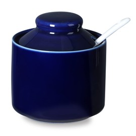 ONTUBE Ceramic Sugar Bowl with Lid and Spoon,Porcelain Seasoning Box Salt Bowl,8oz (Navy)
