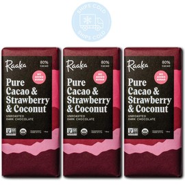 Raaka Chocolate Pure Cacao & Strawberry & Coconut, 1.8oz Bars, 3-Pack, Organic, Vegan, Fair Trade, Soy Free, Gluten Free, Kosher, Paleo, Keto
