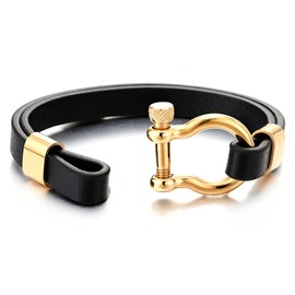Mens Womens Steel Gold Color Screw Anchor Shackles Two-row Black Leather Bracelet, Nautical Sailor(CA)