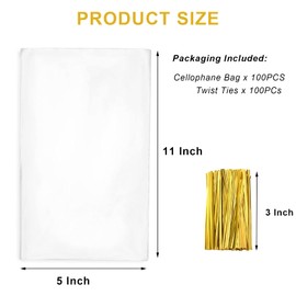 Cellophane Treat Bags, 5x11 Inches Clear Cellophane Bags With Twist Ties 100 Pcs