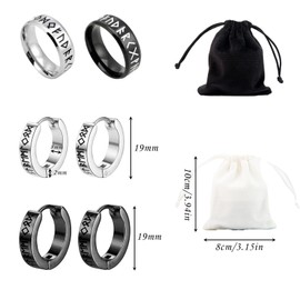 8 Pcs Unisex Earring Set, Hypoallergenic Hoop Earrings with Rings, Drawstring Pockets, Norse Runes Jewellery, Viking Hoop Earrings, Earring Hoops for Birthday