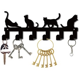 CREATCABIN Metal Cat Key Holder for Wall Key Hanger Metal Key Organizer Coat Rack with 6 Hooks Key Hanging Holder Iron Wall Mount Wall Decorative Black Cats for Entry Hallway Front Door 10.6x3.9Inch