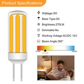 G4 LED Bulbs 12V 20W-30W Halogen Equivalent,COB T3 JC Type Bi-Pin G4 Base LED Light Bulbs 3W Warm White 2700K T3 Halogen Bulb Replacement Landscape Bulbs,Under Cabinet Puck Light, RV Lighting