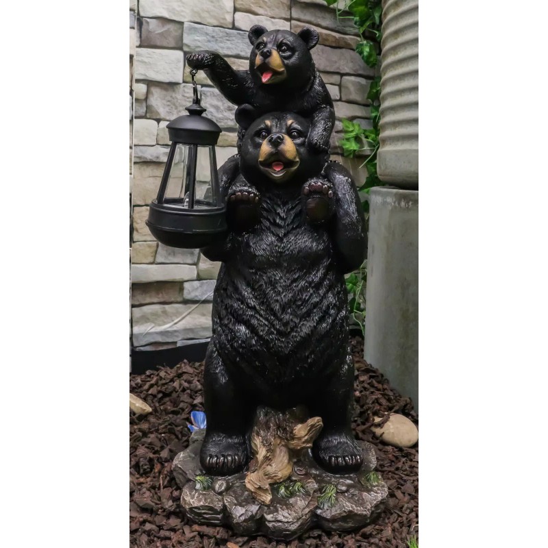 Rustic Black Bear Carrying Cub On Shoulder Statue Solar LED