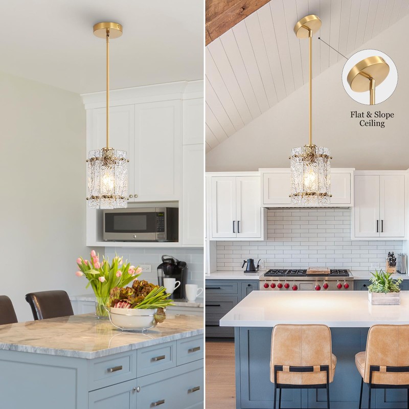 RUIBOOXIN Gold Glass Pendant Lights Kitchen Island, Water Ripple Round