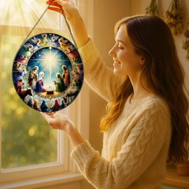 Stained Glass Window Hanging, LAOWEIKI 8'' Nativity Scene Suncatcher, Stained Glass Ornament, Window Decor, Outdoor or Indoor, Christian Gifts, Religious Gifts for Women