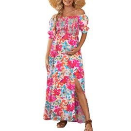 Floral Maternity Dress Square Neck Puff Sleeve Smocked Boho Photoshoot Baby Shower Pregnancy Dresses