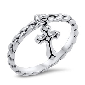 DoubleAccent Sterling Silver Braided Rope Band Dangling Cross Promise Ring 12mm (Size 4 to 10), 10