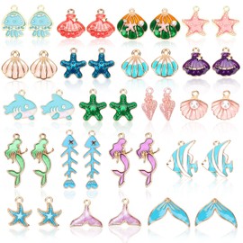 MARFOREVER 40Pcs/20 Pairs Ocean Theme Charm, Beach Sea Charms for Jewelry Making, Assorted Enamel Starfish Seashell Marine Charm Pendants for Necklace Earring Bracelet Crafting