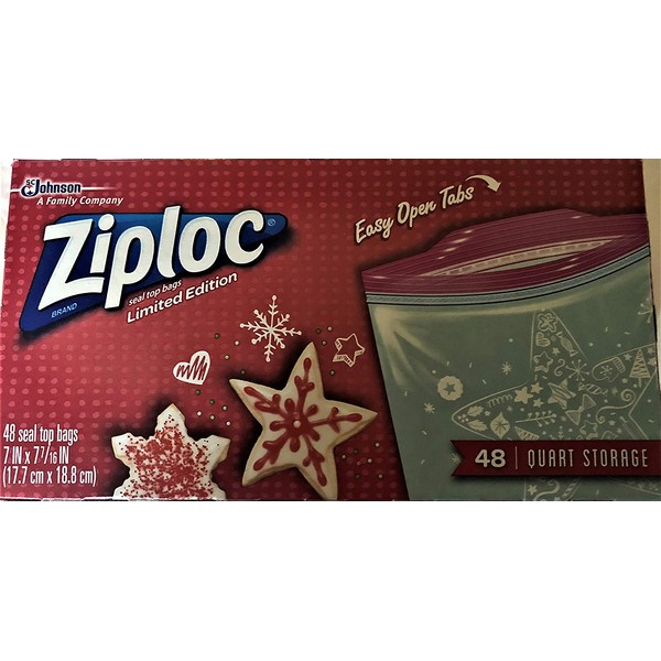 Ziploc Quart Food Storage Bags, Grip 'n Seal Technology for Easier Grip, Open, and Close, 48 Count, Holiday Designs