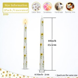 Floral Taper Candle White Sunflower-2 pcs Floral Taper Candles 10 Inch Pastel Taper Candles Smokeless Ideal for Weddings Home Party Holiday Decor