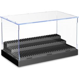 Evereden Minifigure Display Case, Display Case for Minifigure Action Figures Blocks, Acrylic Display Case for Figures Dustproof with 3 Movable Steps (White) (Black)