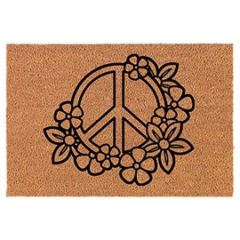 Coir Doormat Front Door Mat New Home Closing Housewarming Gift Peace Sign with Flowers (24" x 16" Small)
