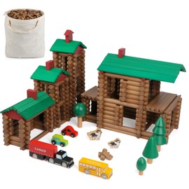 Wondertoys 456Pcs Big Villa Wooden Log Set Real Wood Logs Classic Building Log Ages 3+ Best Retro Building Gift Set Creative Construction Engineering Educational Gifts