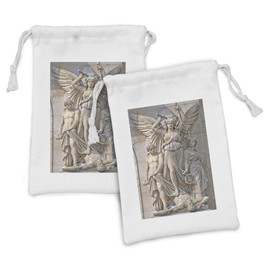 Lunarable Retro Fabric Pouch Set of 2, Composition at the Facade of the Opera Garnier Paris Historical Masonry, Small Drawstring Bag for Toiletries Masks and Favors, 9" x 6", Cream Tan