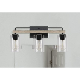 Tawson Amos Modern Farmhouse 3-Light Vanity Light Fixture, Industrial Wall Sconce Lighting with Clear Glass Shade and Hand Painted Light Wood for Bathroom, Hallway, Kitchen