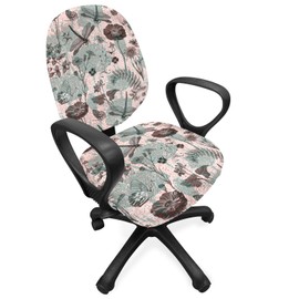 Ambesonne Flower Office Chair Slipcover, Vintage Style Botanical Composition with Floral Blossoms Dragonflies Flora and Fauna, Protective Stretch Decorative Fabric Cover, Standard Size, Teal Brown