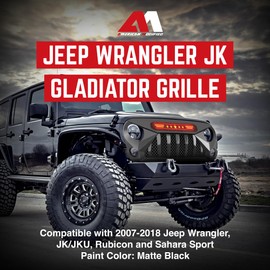 AMERICAN MODIFIED Gladiator Front Grille with Red Stars and Stripes DRL, Compatible with Jeep Wrangler JK 2007-2018 Models, Matte Black