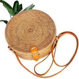 Kbinter Handwoven Round Rattan Straw Bag for Women Shoulder Leather Button Straps Natural Chic Handmade Boho Bag Bali Purse, 1 Pack, Large