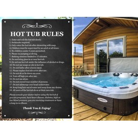 Hot Tub Rules Outdoor Black and White Sign with a list of health and safety points about using a hot tub. Ideal for use in holiday rentals