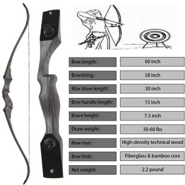 GOLRESOL 60" Black Hunter Recurve Bow for Adults, Archery Takedown Bow Right Hand Wooden Bow for Beginner Outdoor Hunting Training Practice 25-65lb(Dark Grey,60lb)