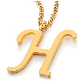 Name, initial alphabet, letters A-Z, pendant stainless steel necklace for men and women, colour gold, with 50 cm steel rope chain, Stainless Steel