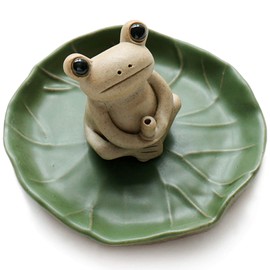 NAGU 100% Handmade Ceramic Small Frog Incense Burner Holder, Lotus Leaf Tray, Mini Cute Animal Statue Home Incense Holder