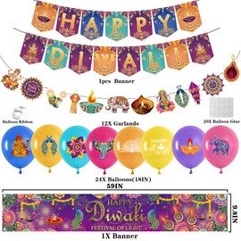 Happy Diwali Banner Party Decorations - Indian Festival of Lights Decor Hanging Garlands, Latex Balloons Banners Party Supplies for Home Deepavali Decoration