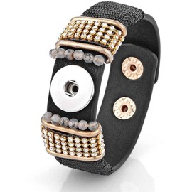 Snap Jewelry Leather Ginger Charm Bracelet 8.5 inch Adjustable Rhinestone Bling Band Fits 18MM 20MM Customizable Buttons (Black)