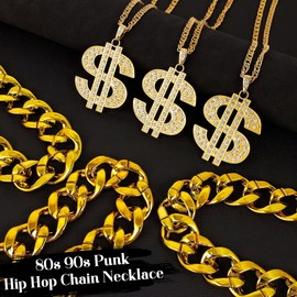Vegolita 6 PCS Gold Fake Dollar Chain Necklace for Men Women Dollar Sign Pendant Money Necklace Adjustable Plastic Chunky Gold Chain Set 80s 90s Punk Hip Hop Rapper Costume Accessory