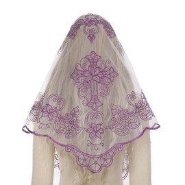 Bozidol Mantilla Veils for Church Catholic, White Gold Cross and Lily Embroidered Lace Chapel Veil, Christian Prayer Scarf Latin Mass Head Coverings for Women Lent