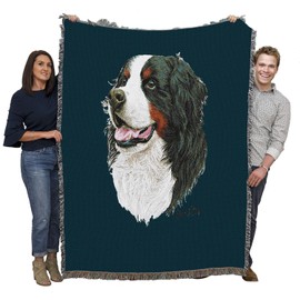 Pure Country Weavers Bernese Mountain Dog Woven Blanket Blue BG by Robert May - Cotton Tapestry Throw - Made in The USA - 72" x 54"