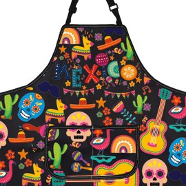 LEVLO Mexican Apron Mexico Inspired Gift Mexico City Souvenirs Gift Mexican Apron loteria With Pockets Waterproof Adjustable (MEXICO apron uk)