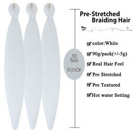 White Braiding Hair Pre Stretched Box Braids 26 Inch Braiding hair Extensions Itch Free Hot Water Setting Blue Braiding Hair Easy Braid Yaki Texture Synthetic Braid Hair