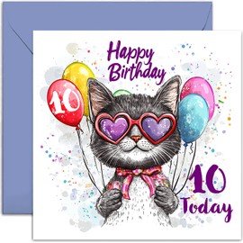 10th Birthday Card for Girl - Cool Cat With Balloons Card for 10 Year Old Girl - Cute and Sweet Kitten Age 10 Birthday Cards - Granddaughter Niece Daughter