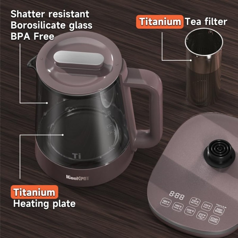 ICOOKPOT Titanium Hot Tea Maker Glass Electric Kettle with Infuser